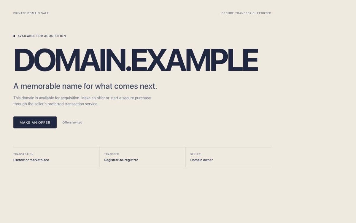 Signal domain sales lander with bold typography and a clear offer action